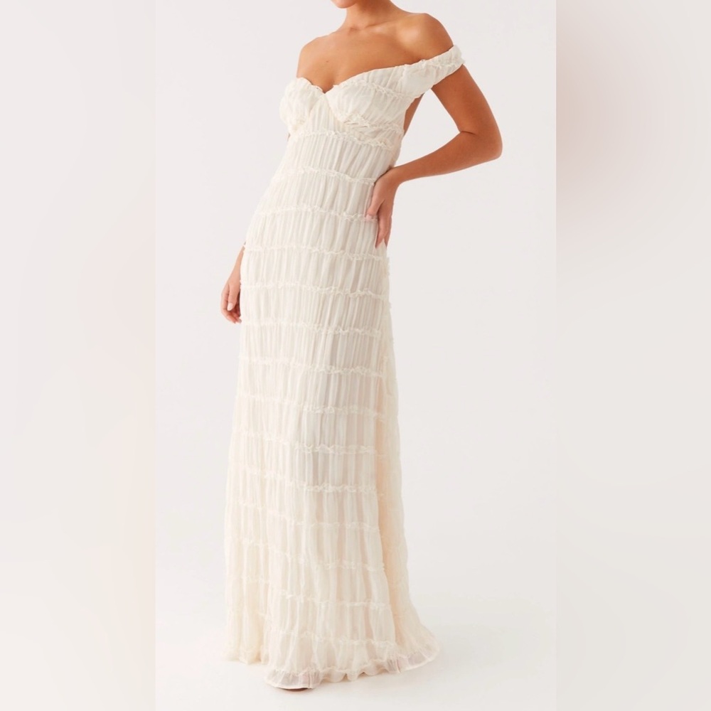 Peppermayo Off-Shoulder Cream Textured Fabric Maxi Dress - Size 14 NWT